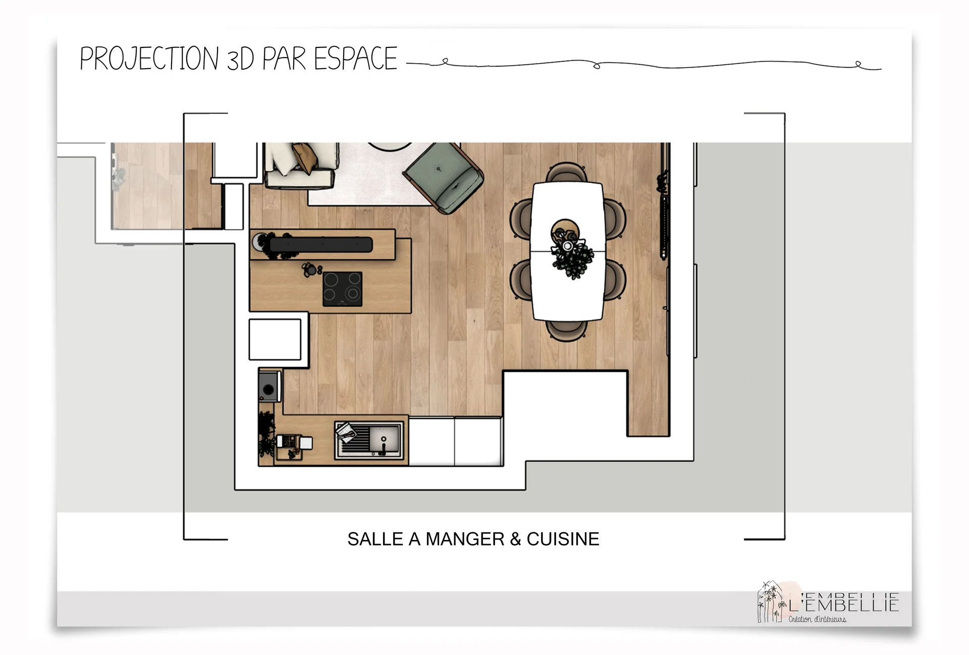 Salle &agrave; manger et cuisine, plan au sol
