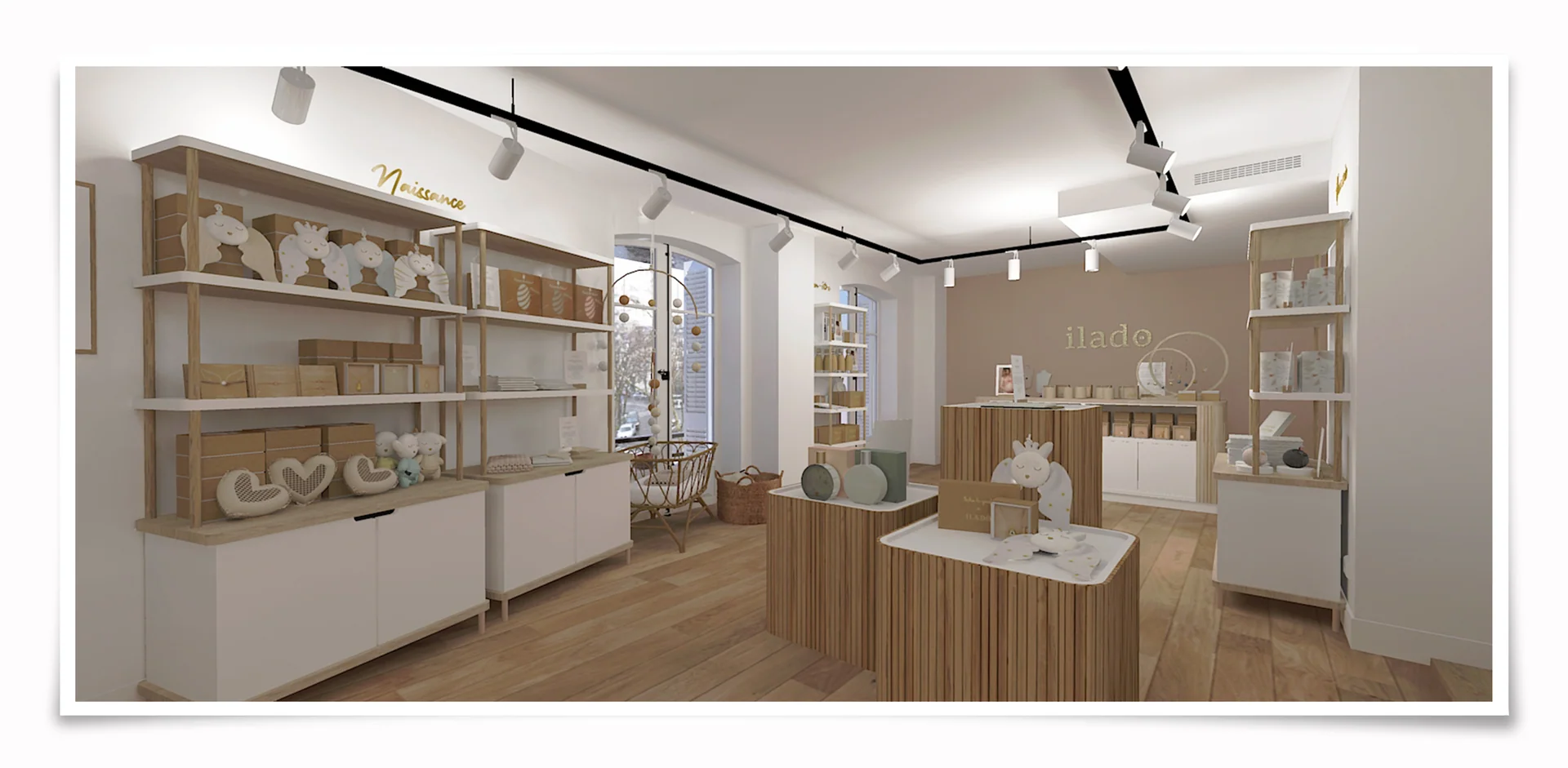 Projection 3D de la boutique, espace naissance