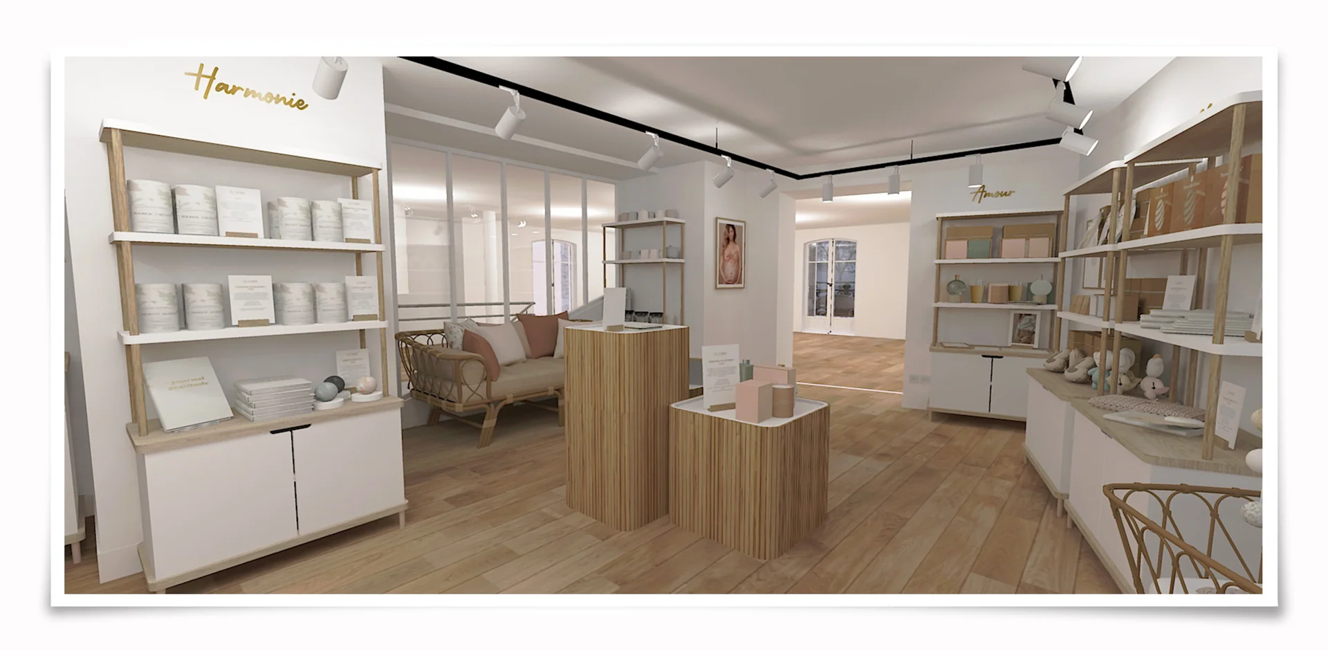 Projection 3D de la boutique, espace harmonie