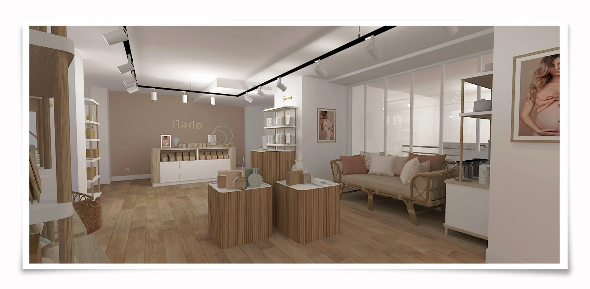 Projection 3D du comptoir de vente et de l&rsquo;enseigne