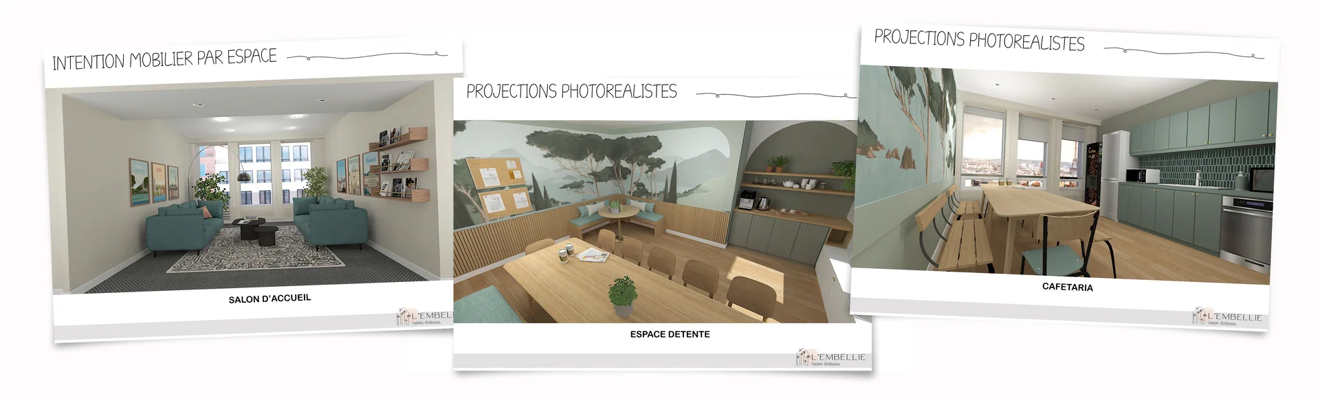 Projections photor&eacute;alistes du salon d&rsquo;accueil, de l&rsquo;espace d&eacute;tente et de la caf&eacute;t&eacute;ria
