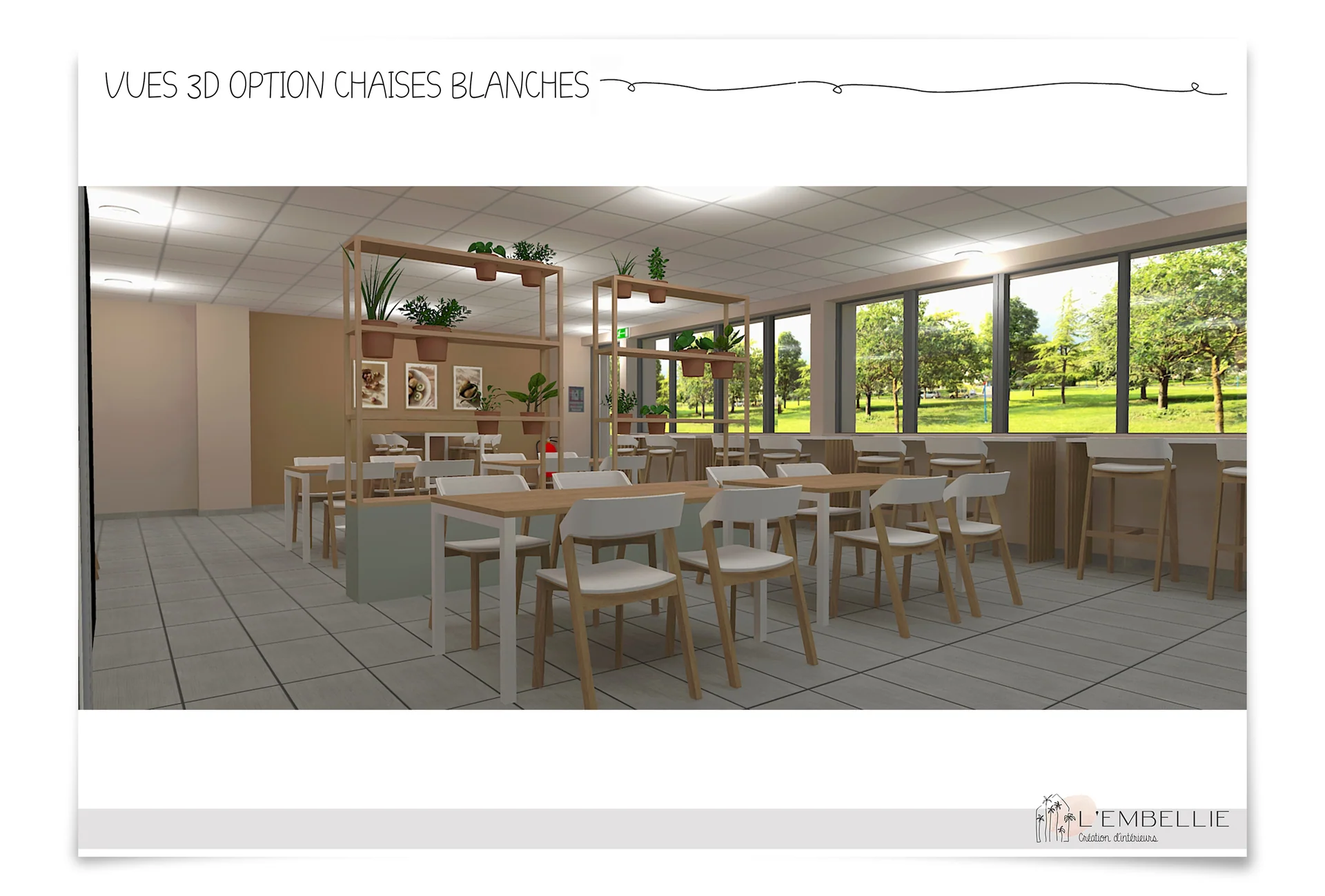 Vue 3D de la caf&eacute;t&eacute;ria depuis l&rsquo;entr&eacute;e