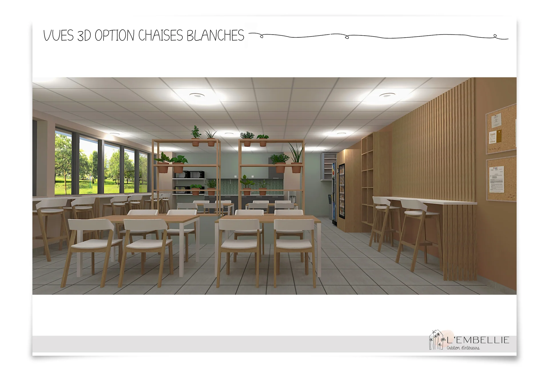 Vue 3D de la caf&eacute;t&eacute;ria c&ocirc;t&eacute; cuisine