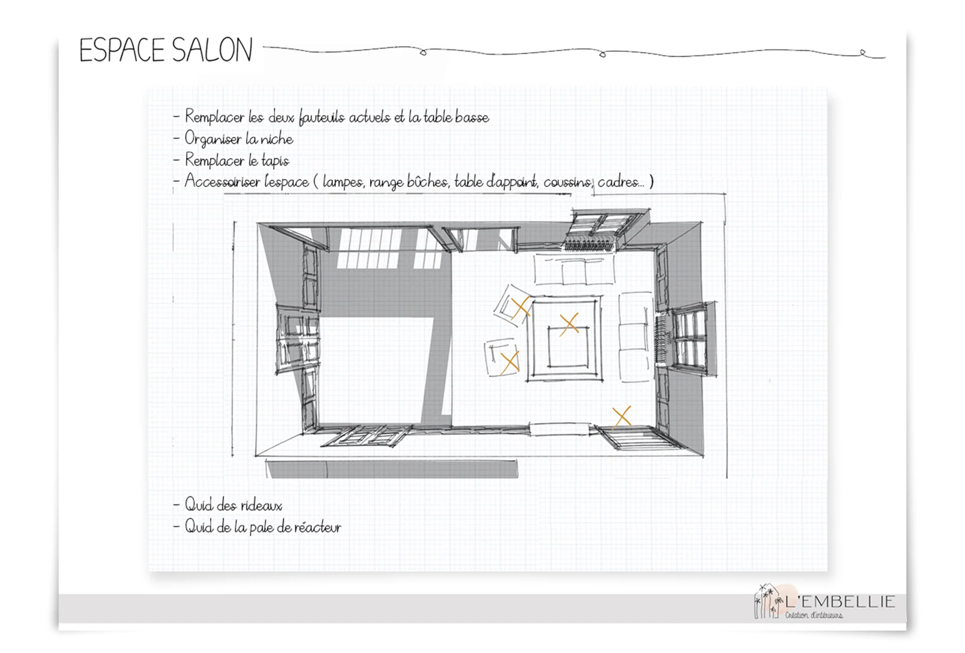 Plan au sol de l&rsquo;espace salon