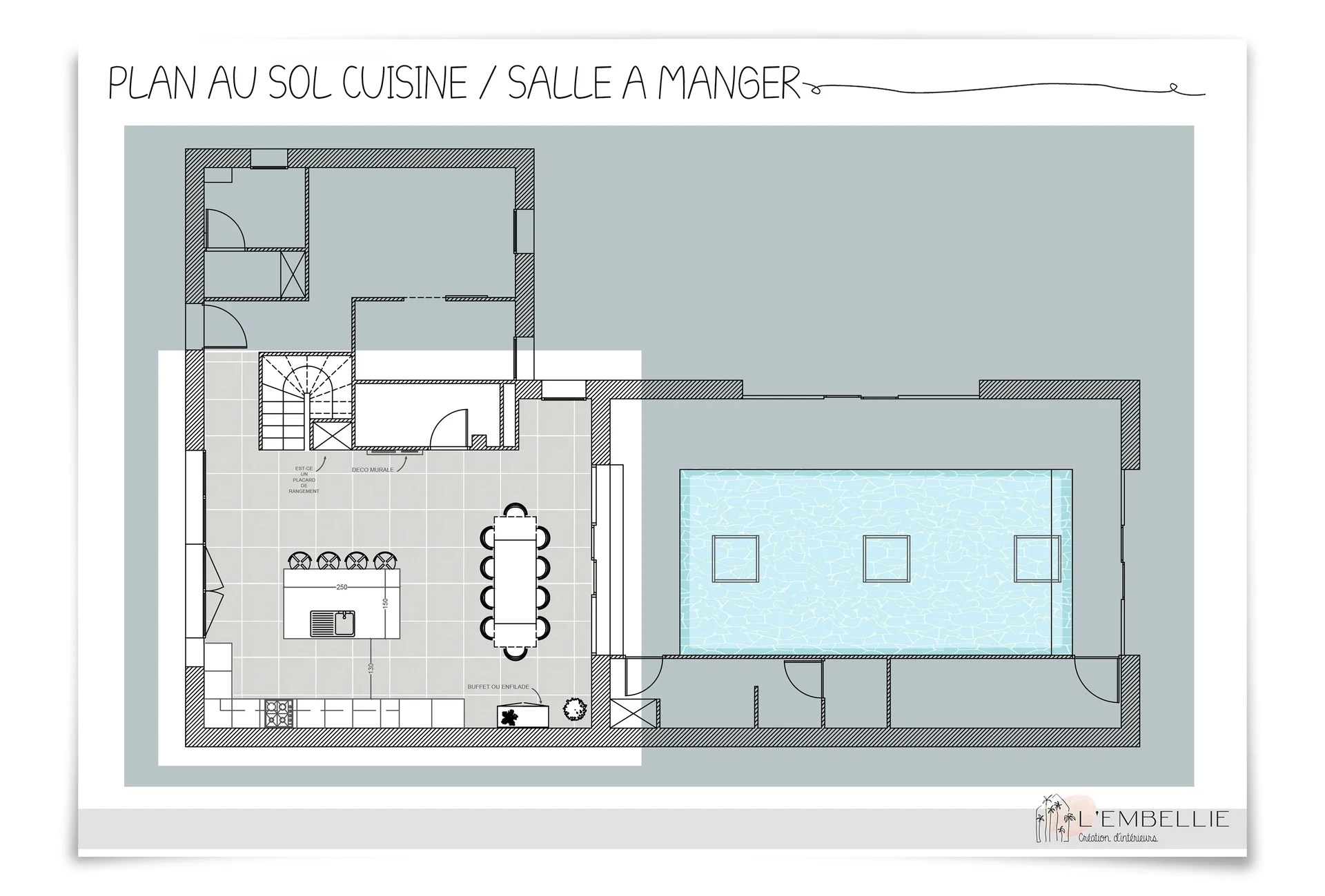 Plan au sol de la cuisine et de la salle à manger