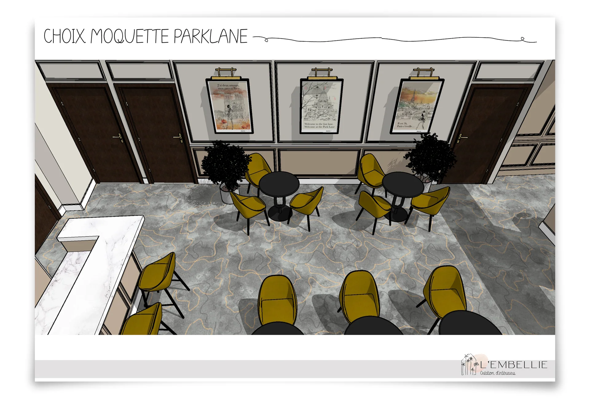 Projection 3D de l&rsquo;espace lounge et des cimaises