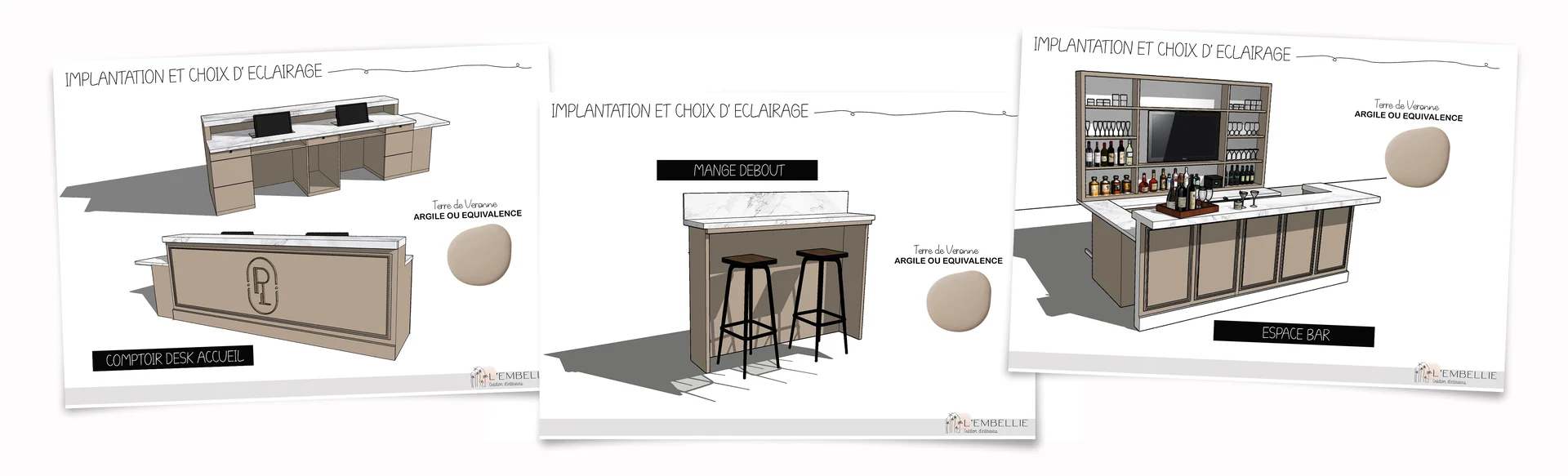 Comptoir d&rsquo;accueil, mange-debout et espace bar sur mesure