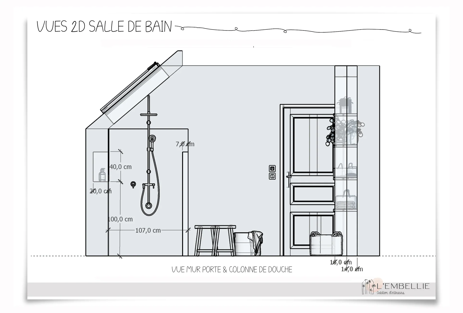 Vue 2D salle de bain, mur douche