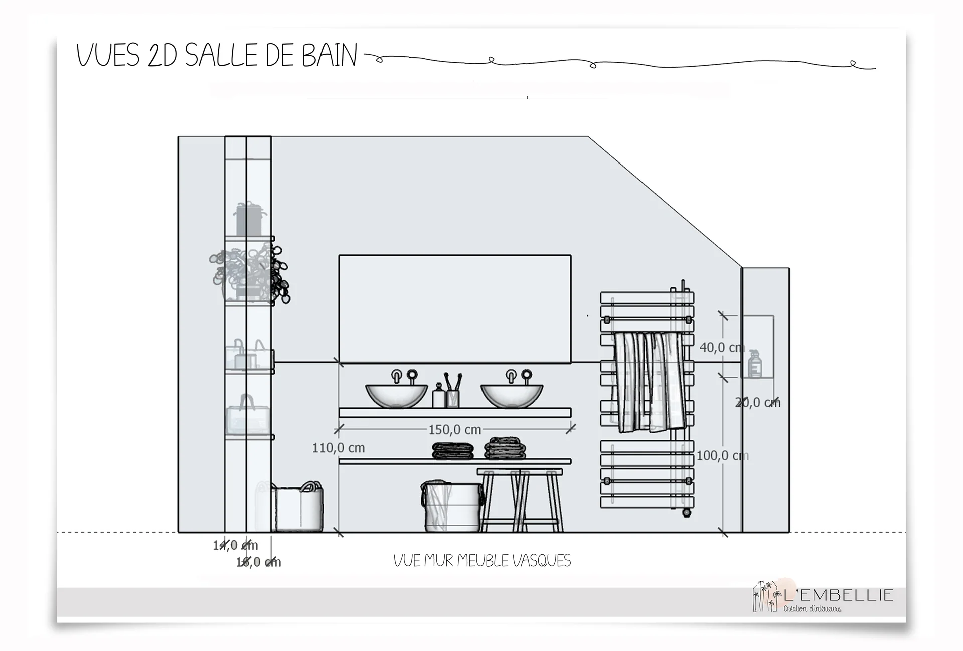 Vue 2D salle de bain, mur vasques