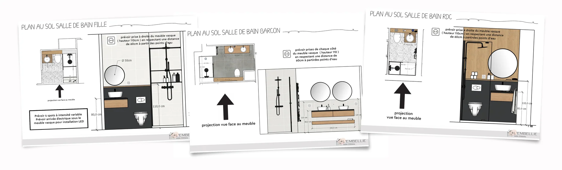 Plans au sol des trois autres salles de bain